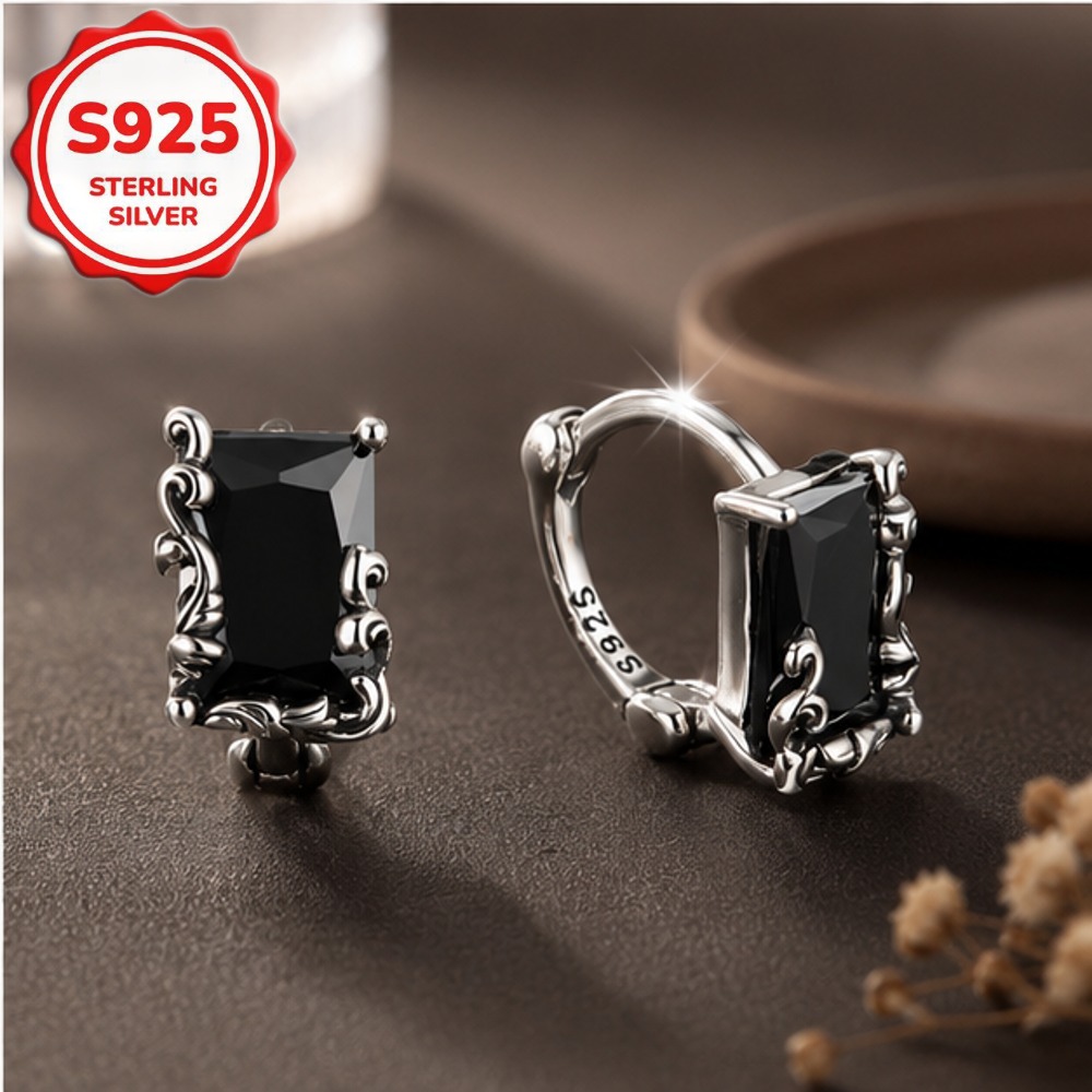 2pcs Vintage Style S925 Silvery Rectangular Zirconia Ear Cuffs